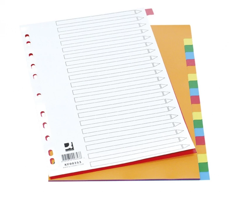 Przekładki plastikowe gładkie z kolorowymi indeksami Q-Connect, A4, 20 kart, mix kolorów